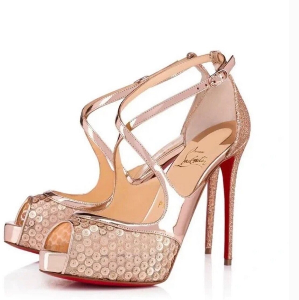 Christian Louboutin Gold Sequin Criss-Cross Platform Stiletto Heel Mirabella Pum